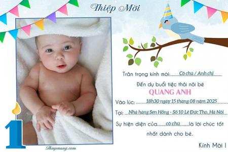 Tạo thiệp thôi nôi màu xanh độc đáo với ảnh của bé trai