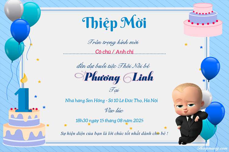 Thiệp mời thôi nôi mẫu Boss Baby đáng yêu cho bé trai