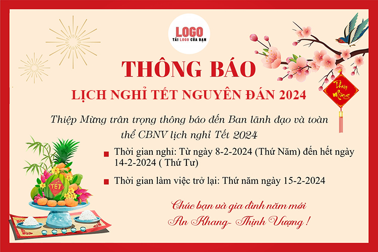 Thông báo lịch nghỉ tết 2024 mẫu hoa đào với logo